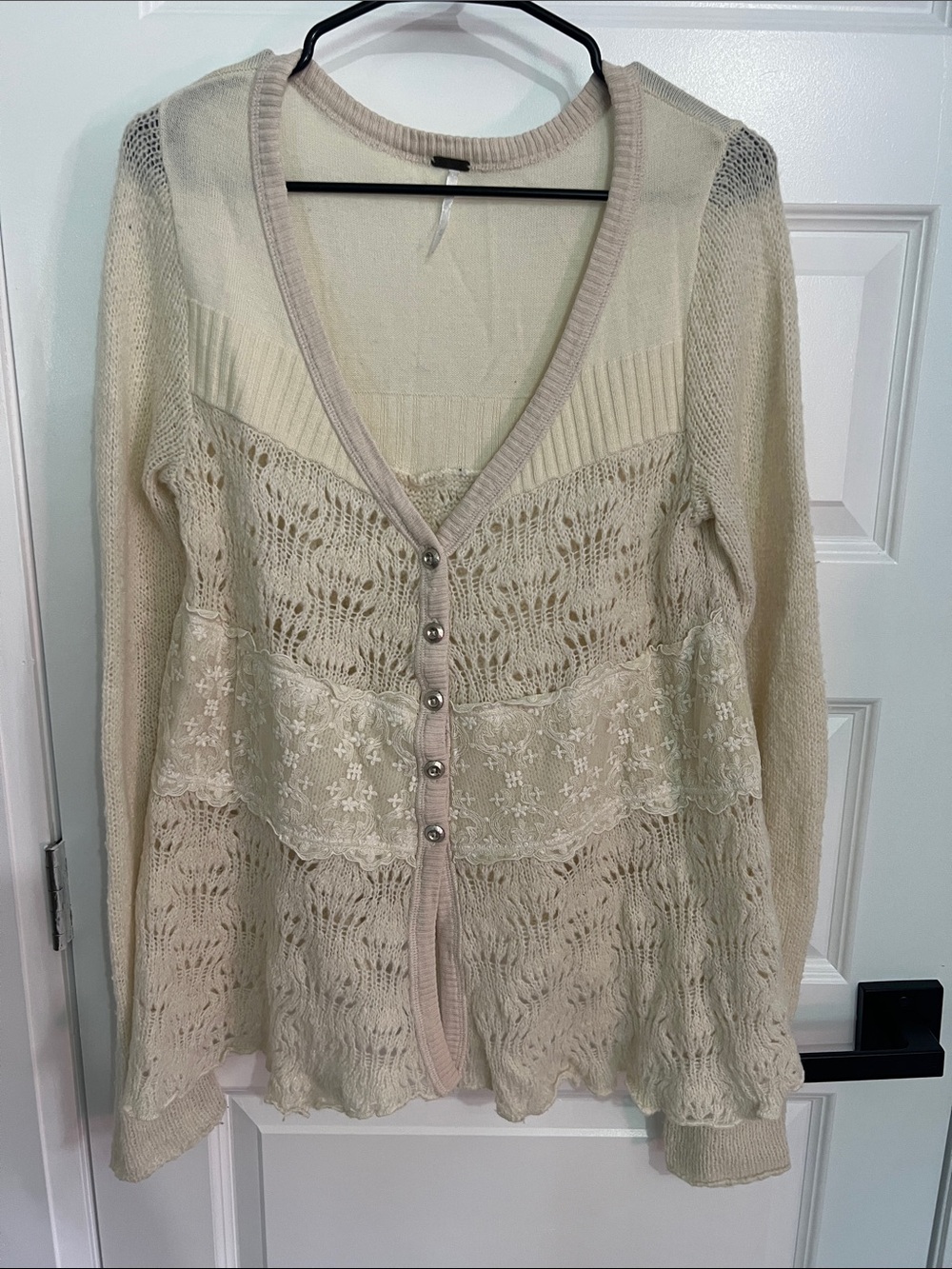 Free People Lace & Open-Knit Button Cardigan in Cream